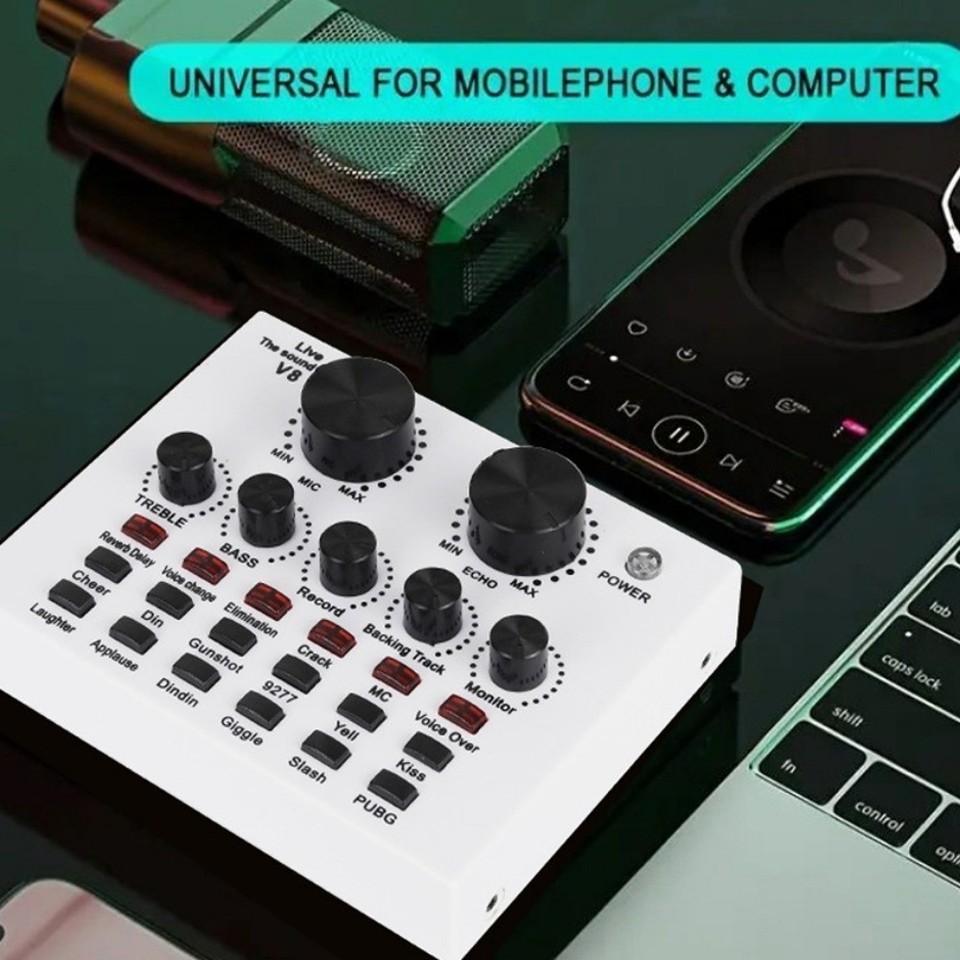 Audio Mixer V8 Sound Card Karaoke Recording Studio Record Mic Sound Card White Professional External