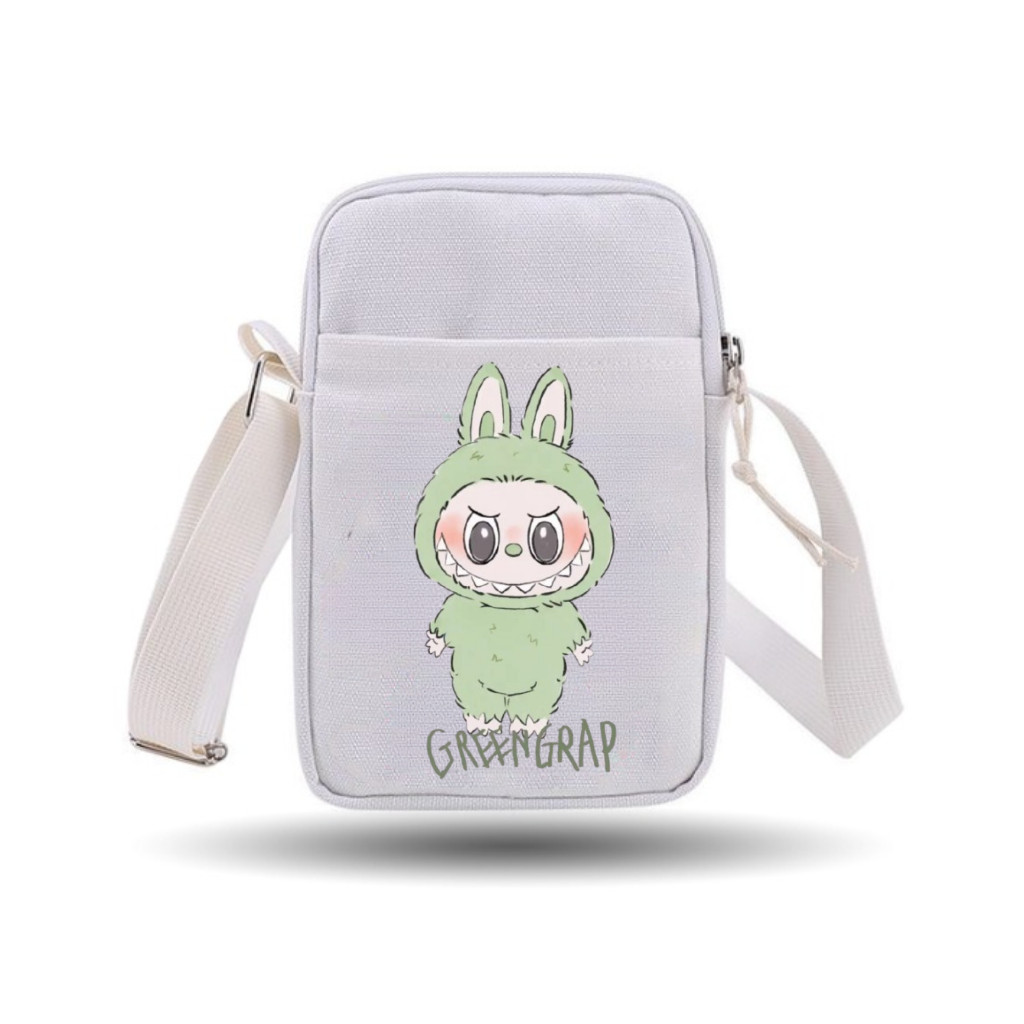 KT - Tas Selempang Kanvas Motif Lucu Labubu Putih - Model Slingbag Wanita