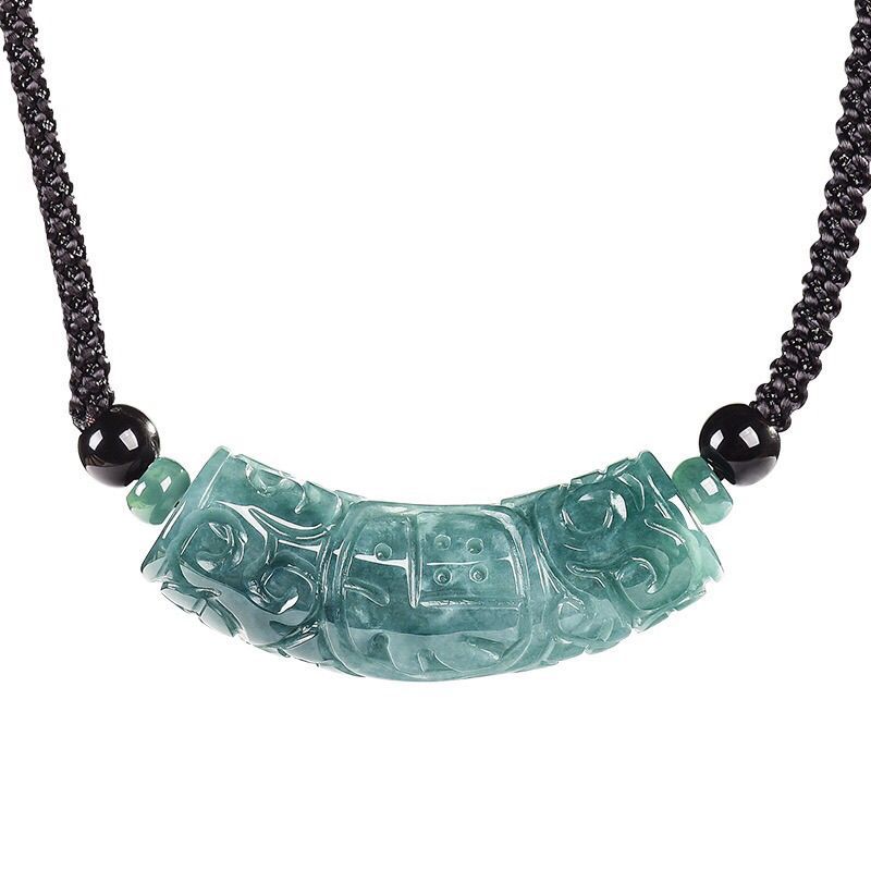 Natural Sebuah batu giok biru berkah karakter siku terukir liontin jenis es dikepang tali kalung pri