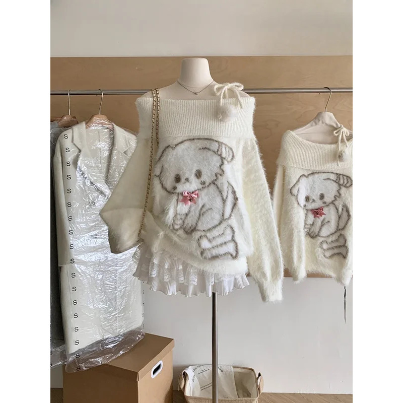 Fall Winter Women  Sweet Korean Girl Slash Neck Cuddly Sweater Long Sleeve Pullovers 2000s Aesthetic