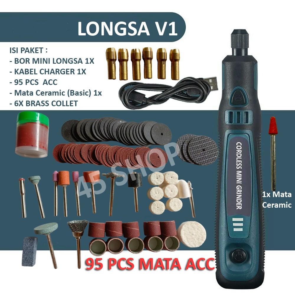 MAHAA.STORE Bor Mini Grinder Set Cordless 3.6V Drill Tuner 95 Aksesoris 3 Kecepatan Mesin Portable P