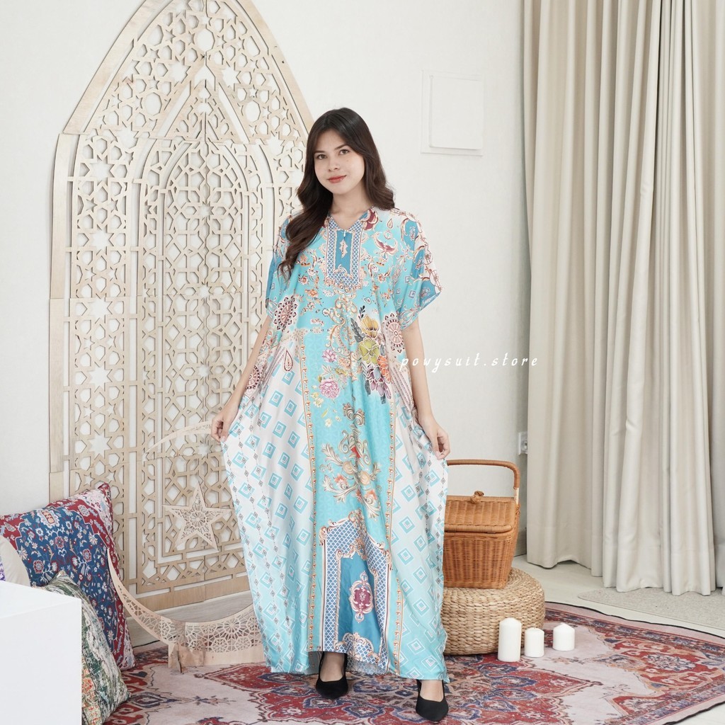 ERVINA.ID Kaftan Powysuit Lebaran Muslim wanita Motif Satin Silk Dress Jumbo 2025