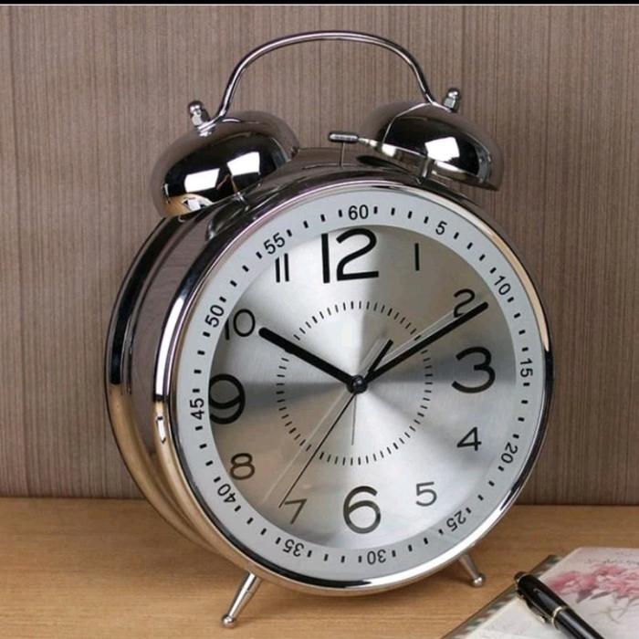 promo JAM BEKER BESAR BESI CRHOME/ JAM ALARM WEKER MEJA/ALARM CLOCK - JUMBO PUTIH terlaris