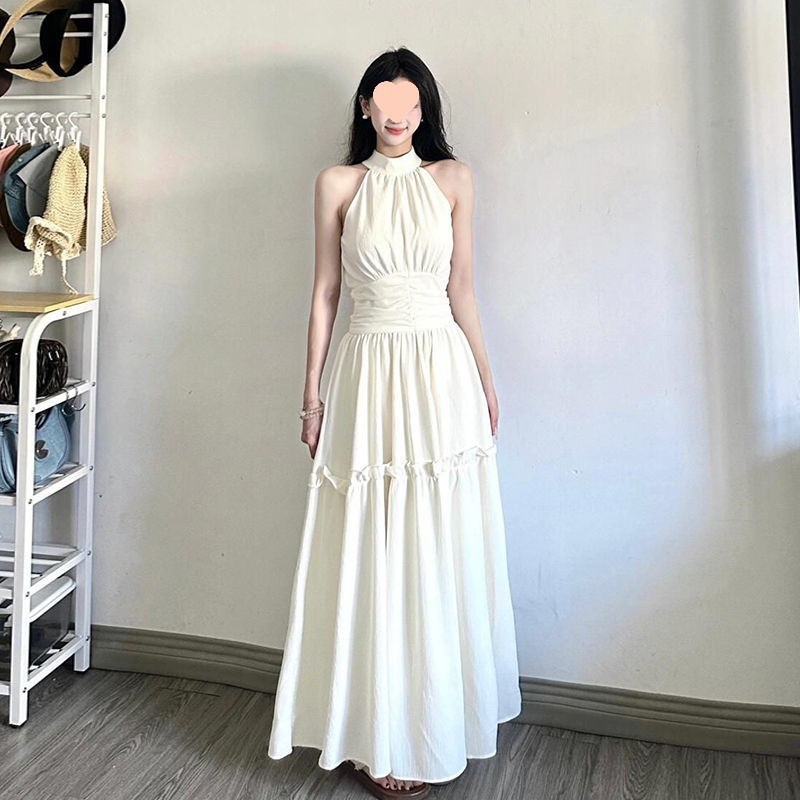 Gaun Kamisol Rompi Halter Tanpa Lengan Putih Rok Panjang Pinggang Baru Wanita