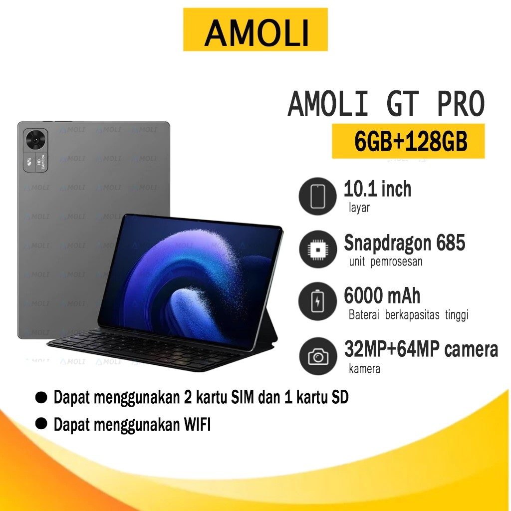 AMOLI GT Pro  6GB+128GB 10.1inch"IPS Screen Tablet Android 13 6000 mAh  Snapdragon 685 Tablet Murah 