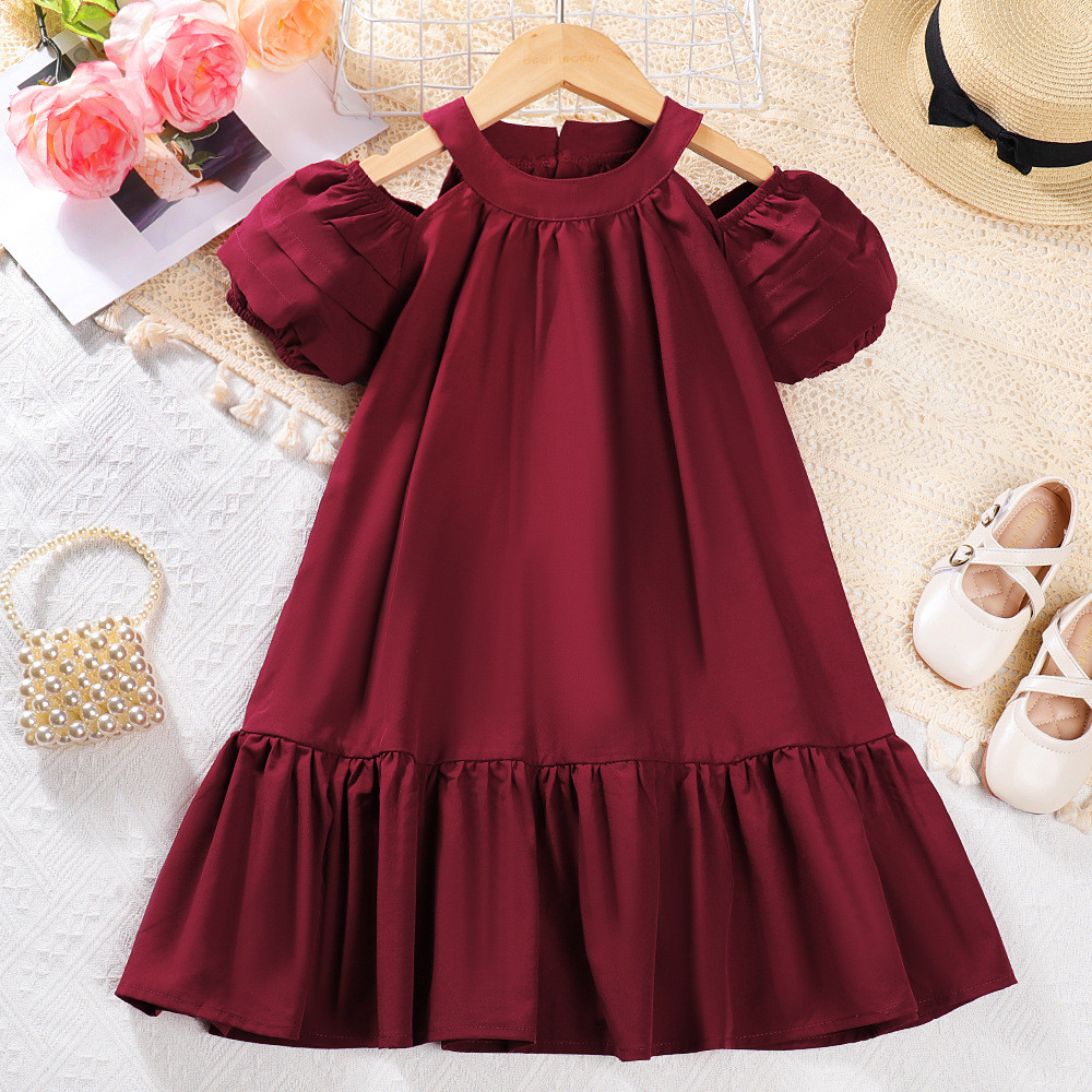 Girls' dress summer Korean version bubble sleeve ruffle edge medium and long foreign bohemian off-th