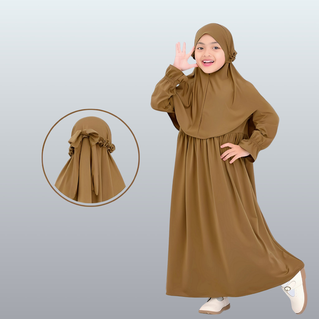 Dress Muslim Anak Perempuan Gamis Syari Polos Set Hijab 2–9 Tahun Pita Belakang Cantik Adem Untuk Ko