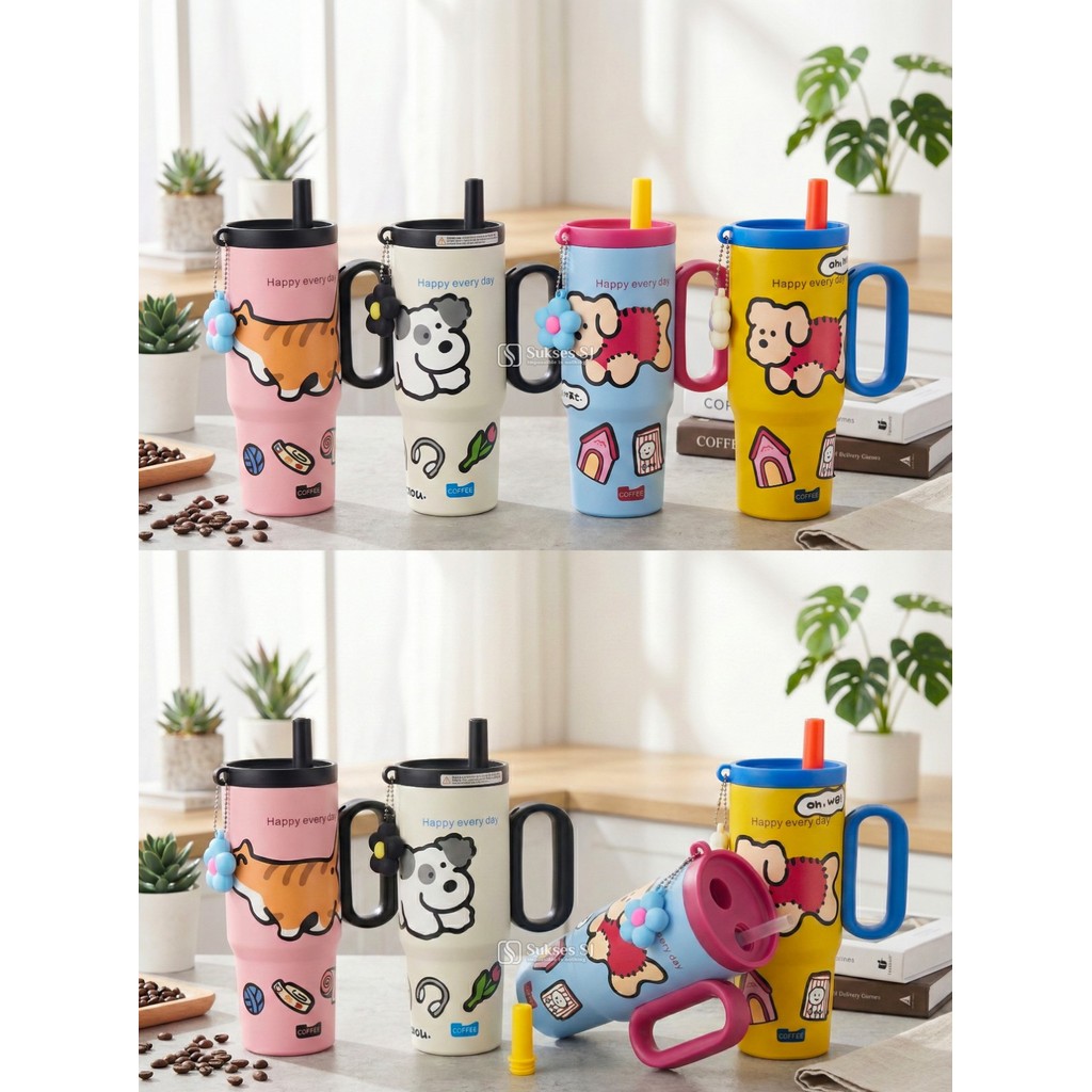 SR Tumbler AB19 800Ml | Tumbler Stainless Steel 800Ml Motif Pet Series Lucu dengan Handle & Sedotan