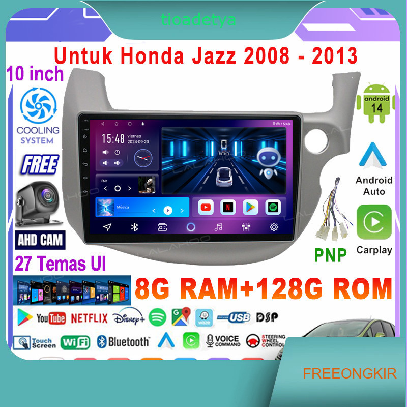 LALAHOO Untuk Honda Jazz 2008-2013   8G+64G Android 14 Head Unit Termasuk Frame/PNP Soket 10 Inch