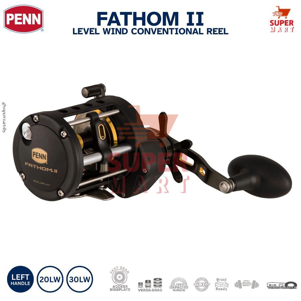 SS PENN Fathom II Level Wind Conventional Reel 20LWLH 30LWLH Handle Kiri Black Gold Line Counter