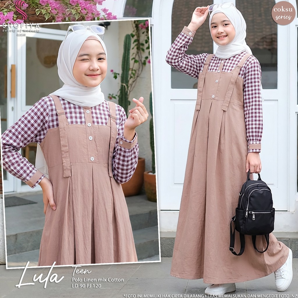 ELDERA LULA Dress Anak Perempuan Model Overall Polos Mix Kotak Kotak Terbaru Original by Shofiya