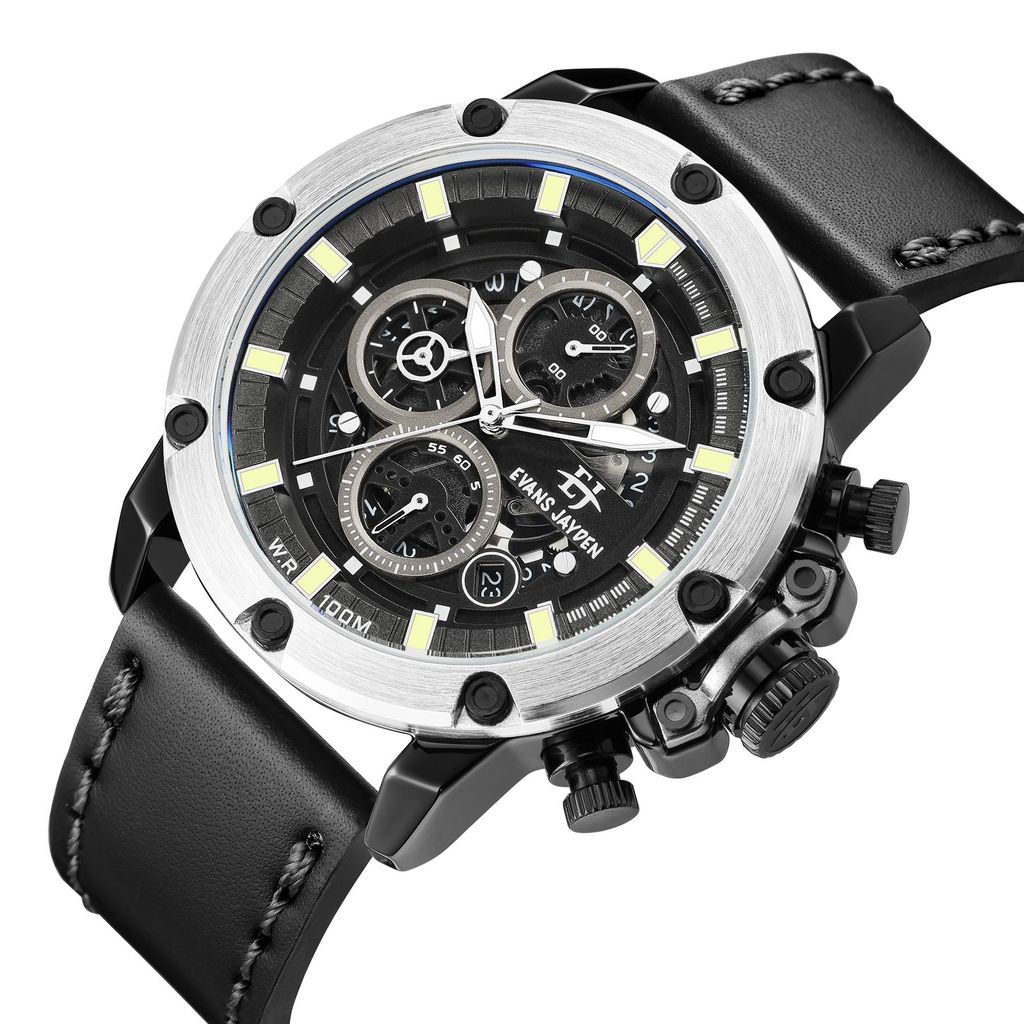 BUY 1 GET 1Evans Jayden Jam Tangan Pria 9570 Kulit Kaca Sapphire Chronograph Water Resistant 10 ATM 