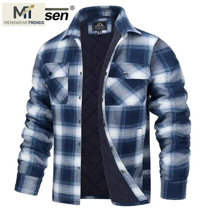TACVASEN Winter Plaid Cotton s Mens Long Sleeve Quilted Lined Flannel Shirt  Multi-Pockets Outwear H