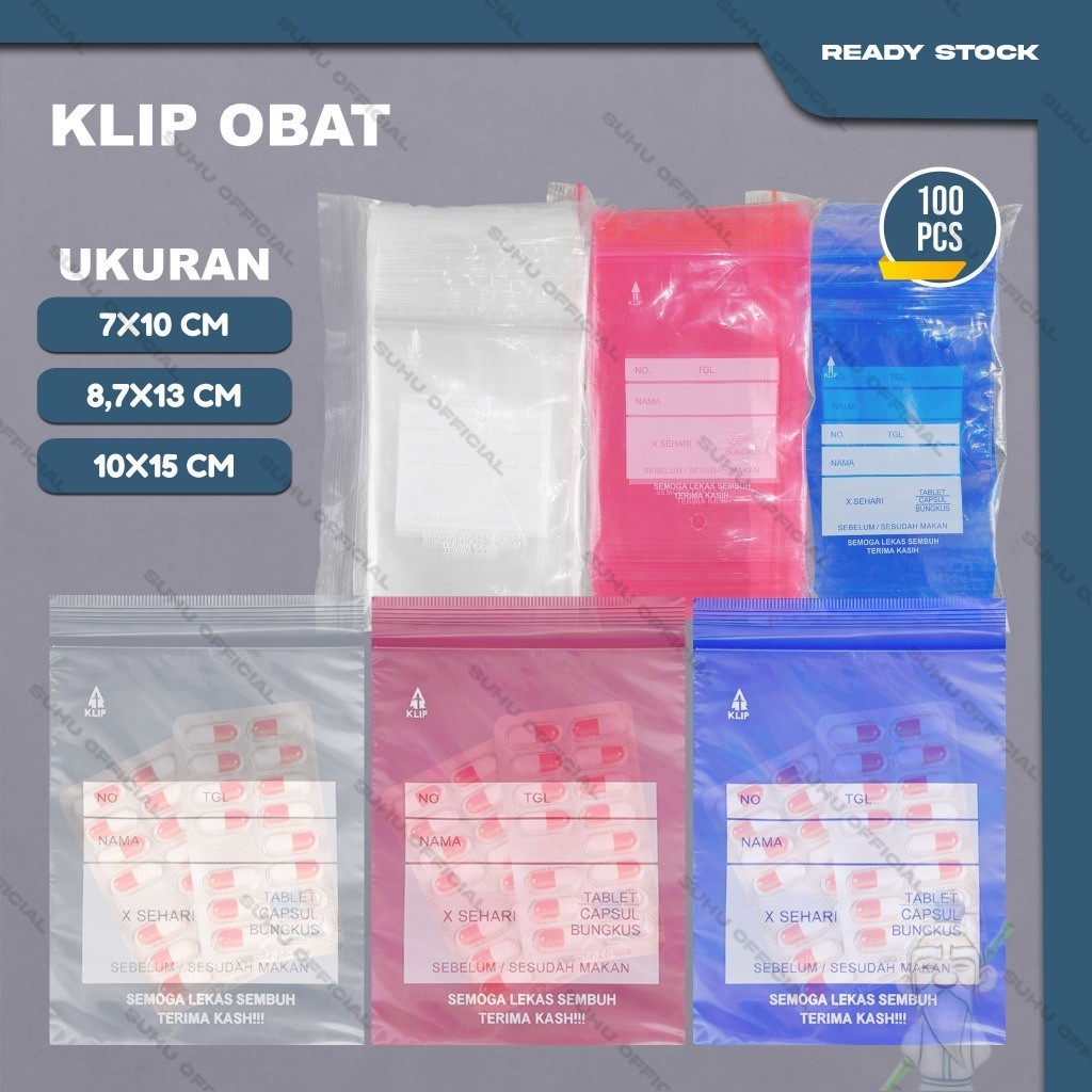 Plastik Klip Obat Ziplock Warna Bening Biru Merah 1 Pack Isi 100 Pcs Ukuran 7X10 8.7X13 10X15