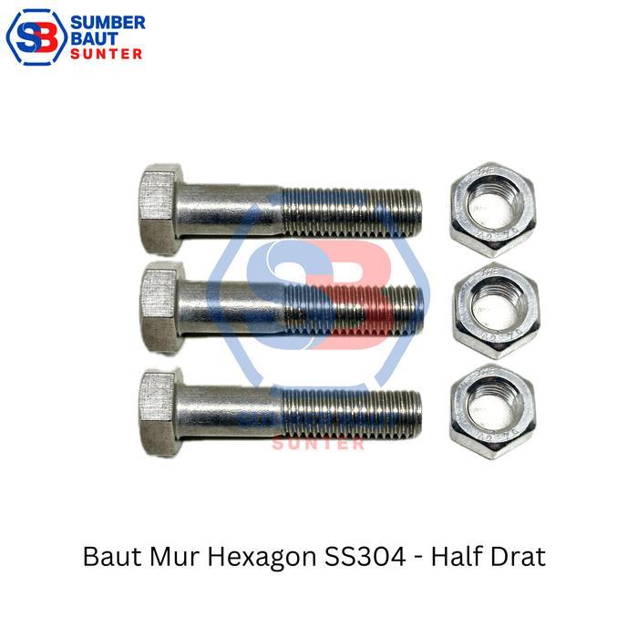M10x100 Baut Mur Hexagon Stainless Steel SS304 10x100 - Half Drat