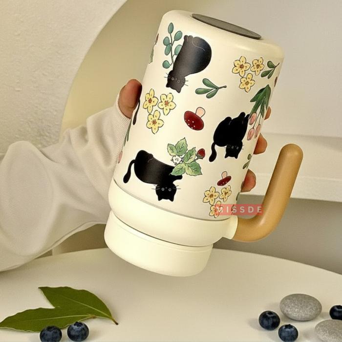Tumbler Mug Jumbo Stainless Steel 1000ml / Gelas Minum Kapasitas Besar / Mug Wood - WOOD CAT