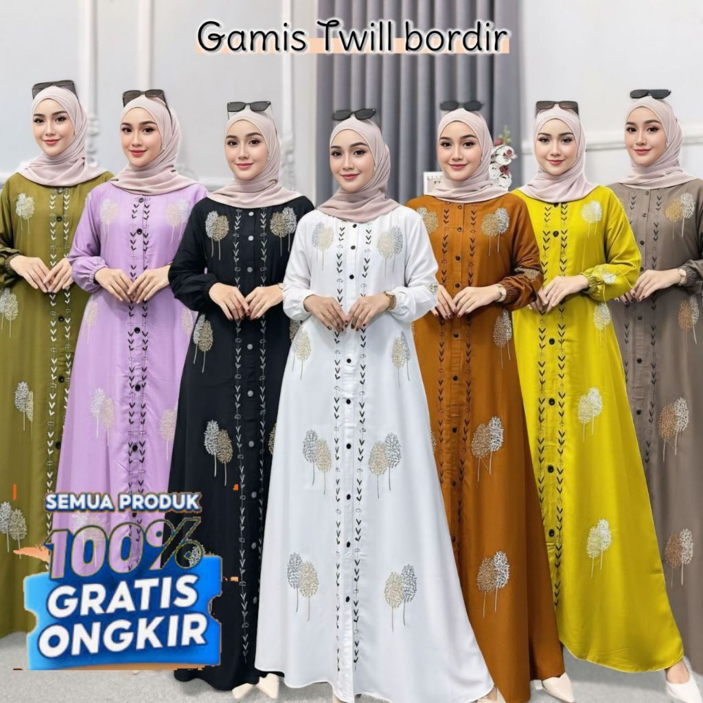Gamis twill bordir terbaru 2025 import premium ori mix tenun troso - gamis motif daun ld 110 120 by 