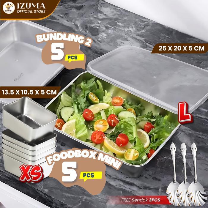 BOXWORLD IZUMA Set L+XS 10pcs Food Box Stainless Steel 304 Wadah Makanan Sayuran Anti Karat Tahan Pa