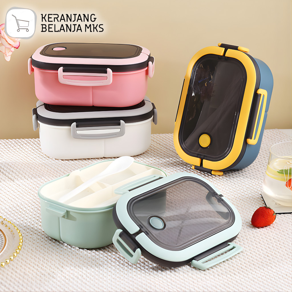 Kotak Makan Anti Tumpah Lunch Box Double Layer 3 Grid 1.2L