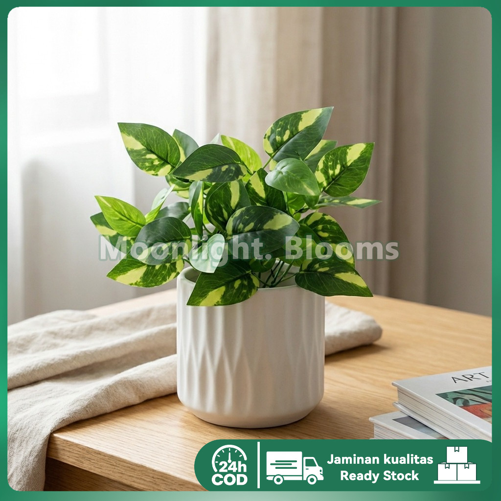 Bunga hias plastik, batang tanaman, daun pothos, ornamen buatan, dekorasi rumah