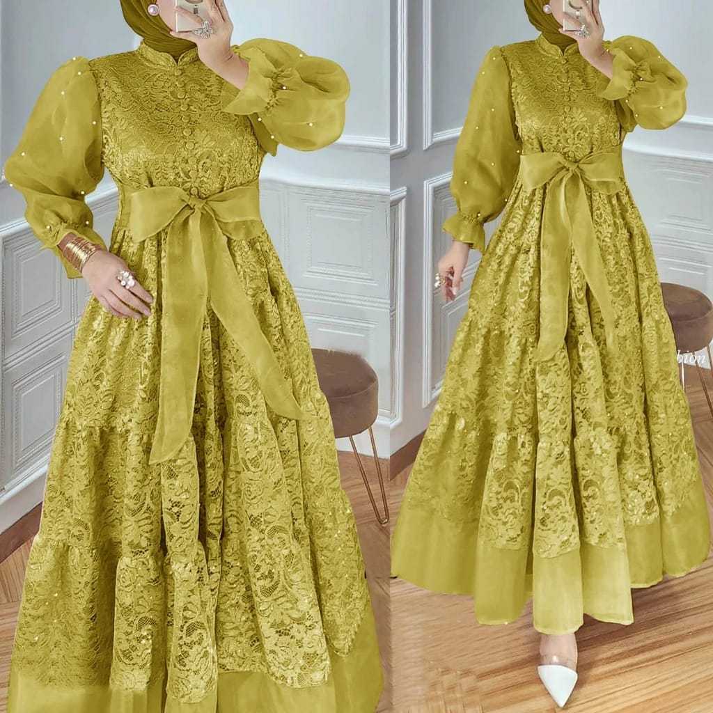 Gamis organza / Gamis Brukat Organza kombinasi Mutiara / Pakaian Muslimah