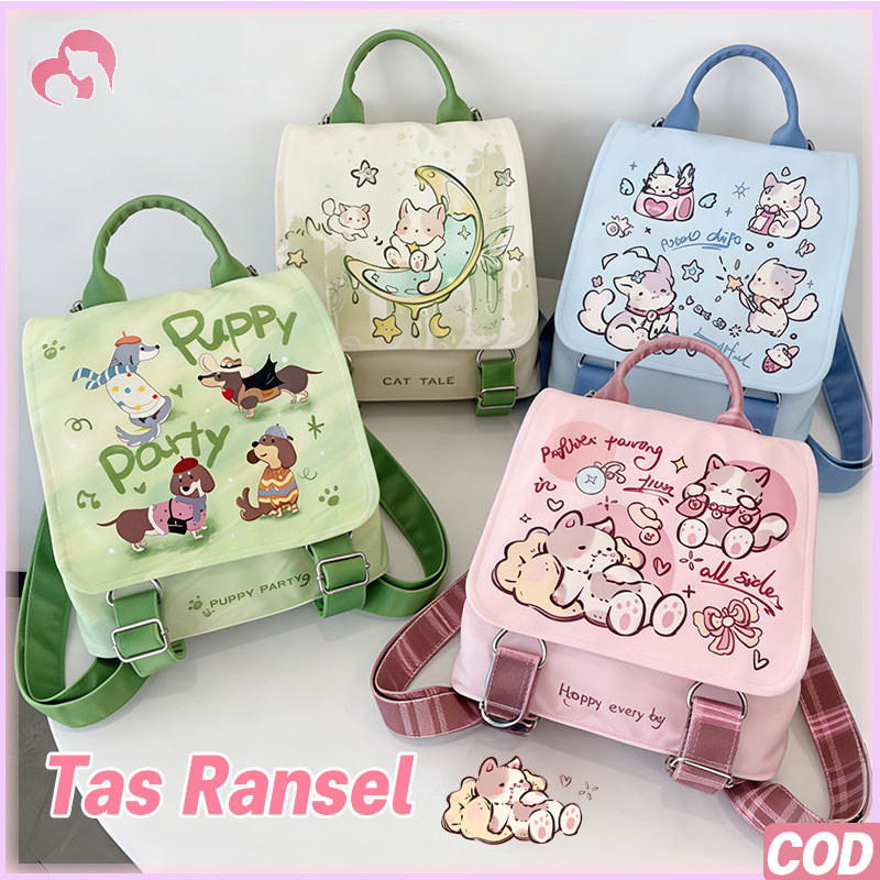 Tas Ransel Lucu Kucing Anjing Tas Sekolah Wanita Korea Style Tas Ransel Wanita Aesthetic Motif Kartu