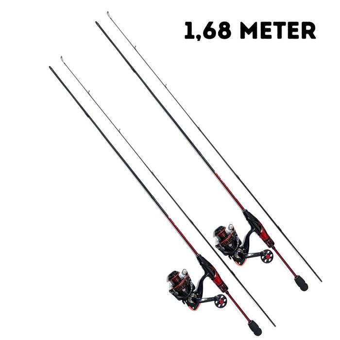 1 Set Paket Alat Pancing Joran + Reel Joran Pancing Spinning Fishing Rod Hitam Merah High Carbon & R