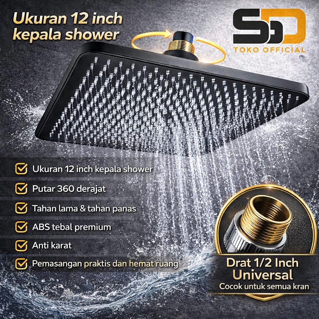 Kepala Shower Kotak 12 Inch Hitam Super Kuat Rain Shower Tekanan Tinggi Lubang Silikon Anti Karat Ta