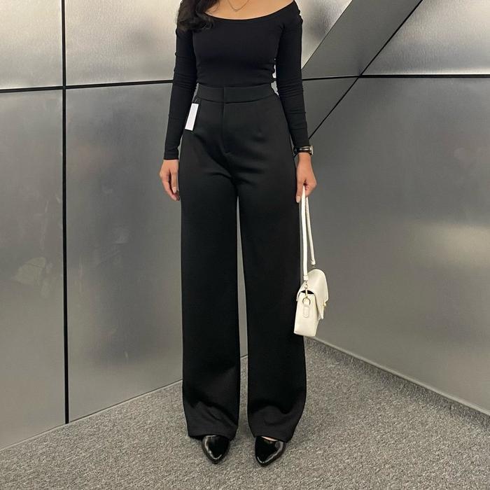 FINS.CLOTH - Loose Pants Scuba 399 Celana Anti Kusut Celana Kulot Wanita Polyester - Hitam, Reguler 