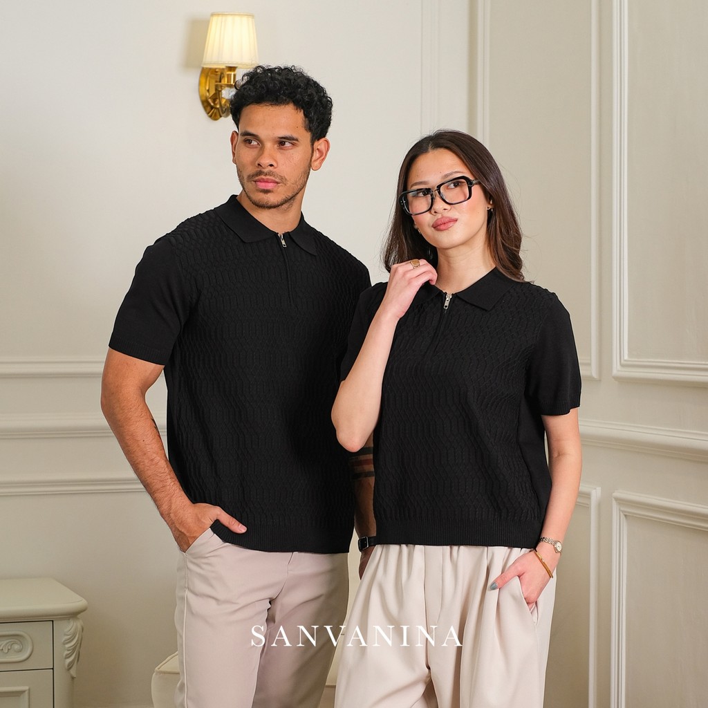 SANVANINA Couple York Upper Zip Knit Polo Lengan Pendek Rajut Berkerah Pria & Wanita | Poloshirt Raj