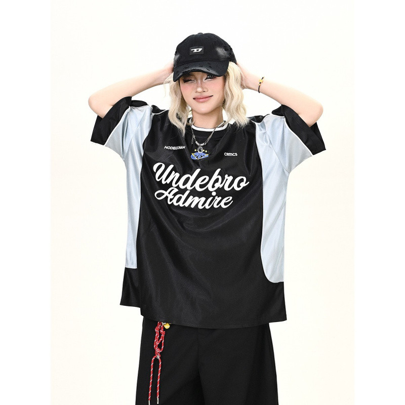 Kaos Jersi Pria Wanita Oversized Motif Script Warna Hitam Biru Muda
