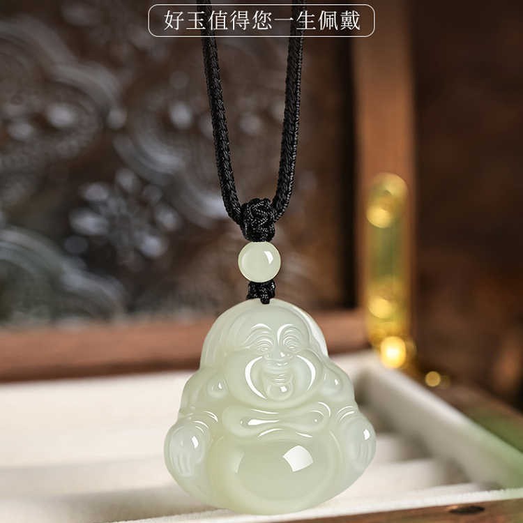 Liontin Buddha Maitreya dari Giok Hetian, Kalung Kepala Buddha Giok untuk Wanita