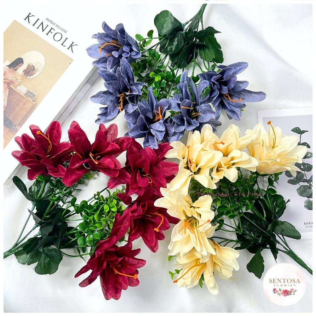 Bunga Lily Kain Cabang 5 Dekorasi/Lily Tiger Casablanca/bunga dahlia/Bunga Artificial Murah Import (