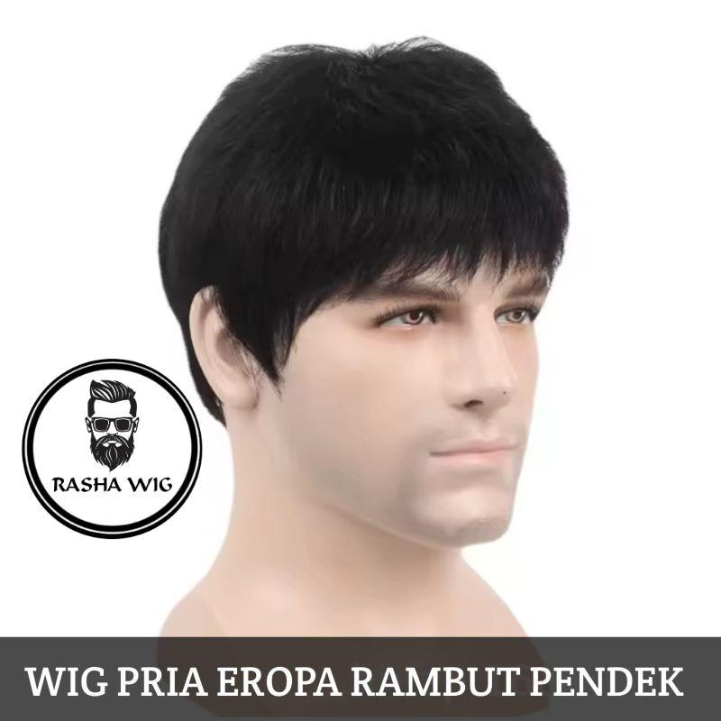 Wig Pria Eropa Rambut Pendek Warna Hitam Full Wig Rambut Palsu Pria Rambut Pendek Poni Pendek Wig Si