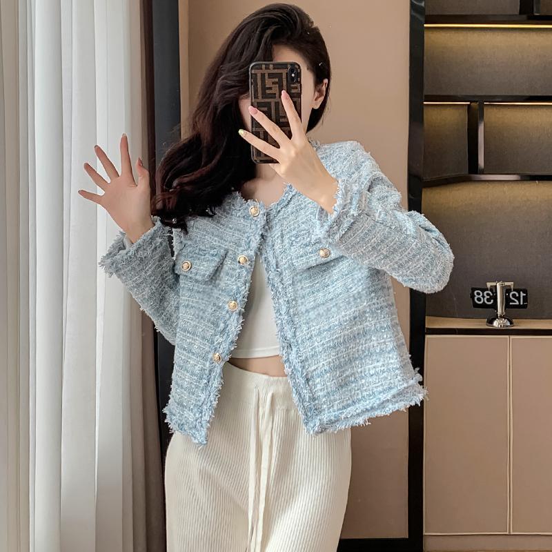 MISS EMITA Tweed Outer Biru Muda Coquette Wanita Kekinian Korean Style Outer Kondangan Simple Elegan
