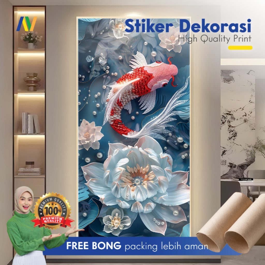 Stiker Dinding | Stiker Dinding Arch | Stiker Dinding Arch Motif Ikan Koi Bunga Teratai Lotus 3D