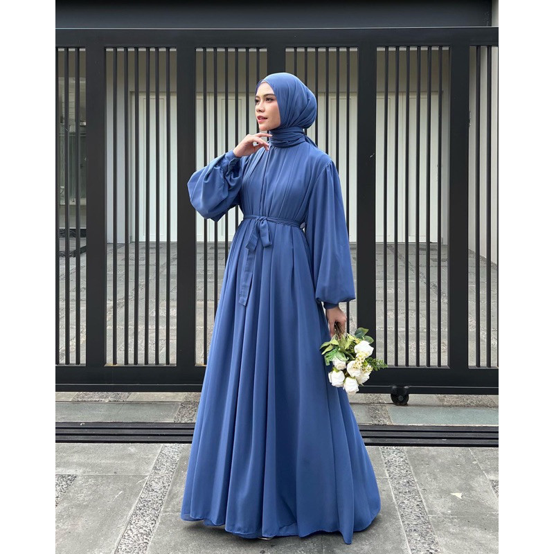 BIG SALE Elmiza - Nahla Dress Free Pashmina Bahan Ceruty Baby Doll Abaya Gamis Wanita Umroh Size XS 