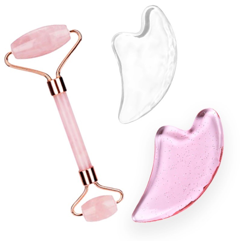 Jade Roller Plus Guasha Rose Quartz - Alat Pijat Wajah Roller Dan Guasha Batu Rose Quartz