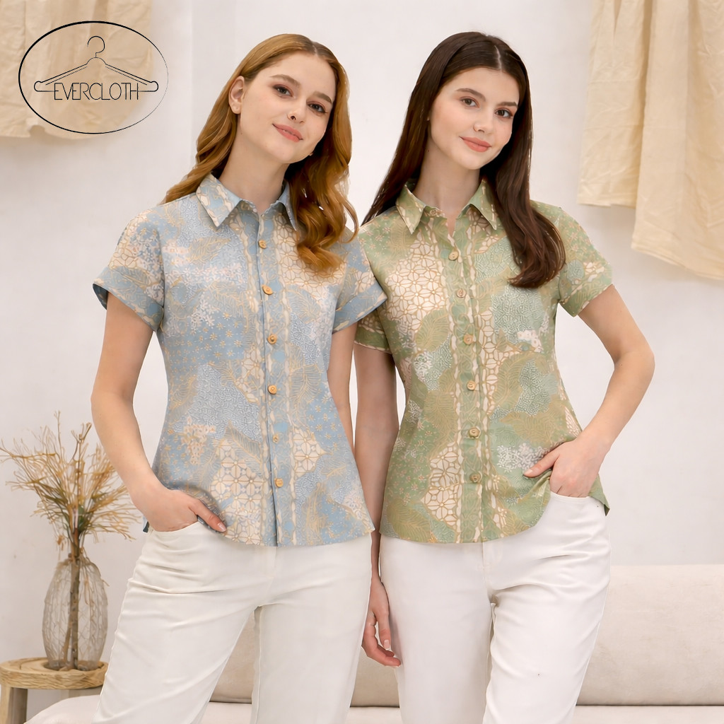Evercloth Sady Kemeja Batik Perempuan Kerah Kancing Pastel Blouse Wanita Atasan Wanita Batik Couple 