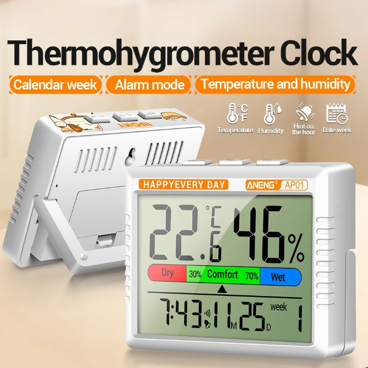 Termometer Hygrometer Digital Ruangan Suhu Kelembapan Jam Alarm Kalender Layar Besar Akurat Monitori