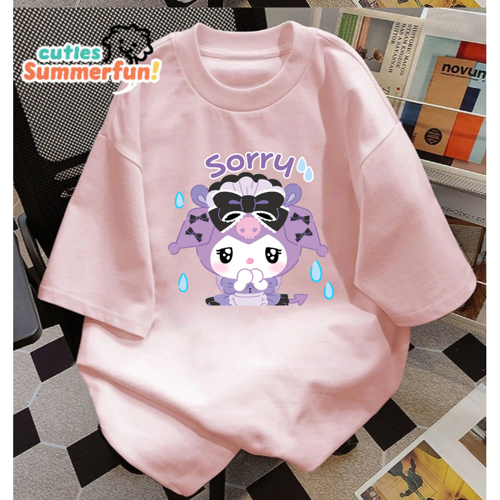 Kaos Oversize Kuromi "Sorry" / T-shirt Wanita Warna Pink Motif Kartun Aesthetic Viral |Kaos Pink Ove