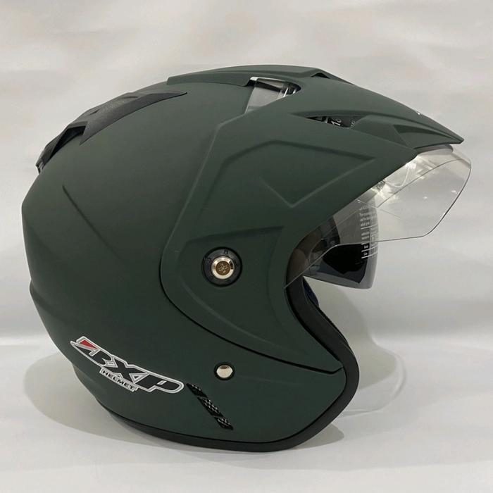 Helm Motor JP 7 Polos Hijau Army Doff Dewasa Sudah SNI (Double Visor)