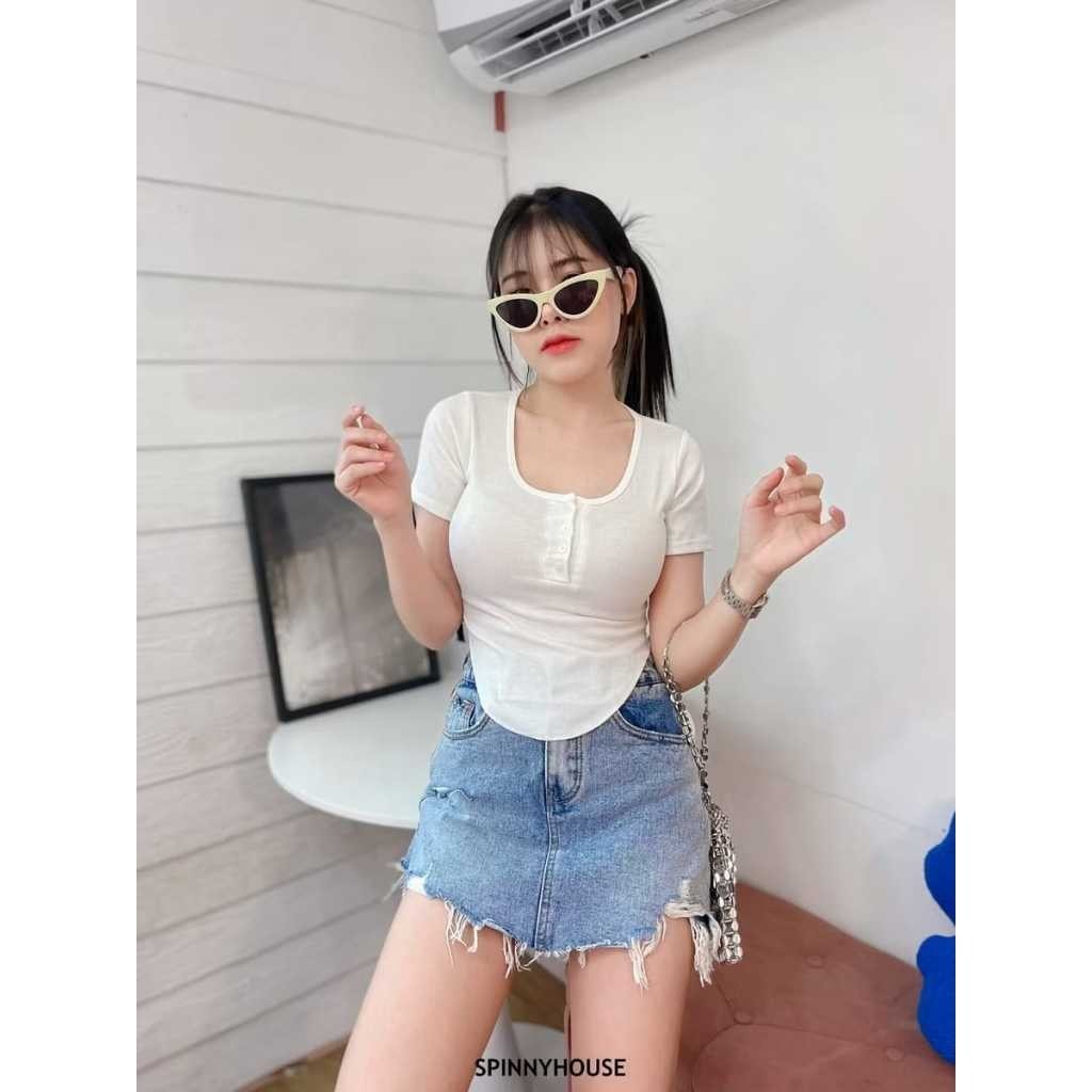 Kaos Kancing Wanita Retro Button Rib - Atasan Lengan Pendek Sexy Slim Fit Bodycon