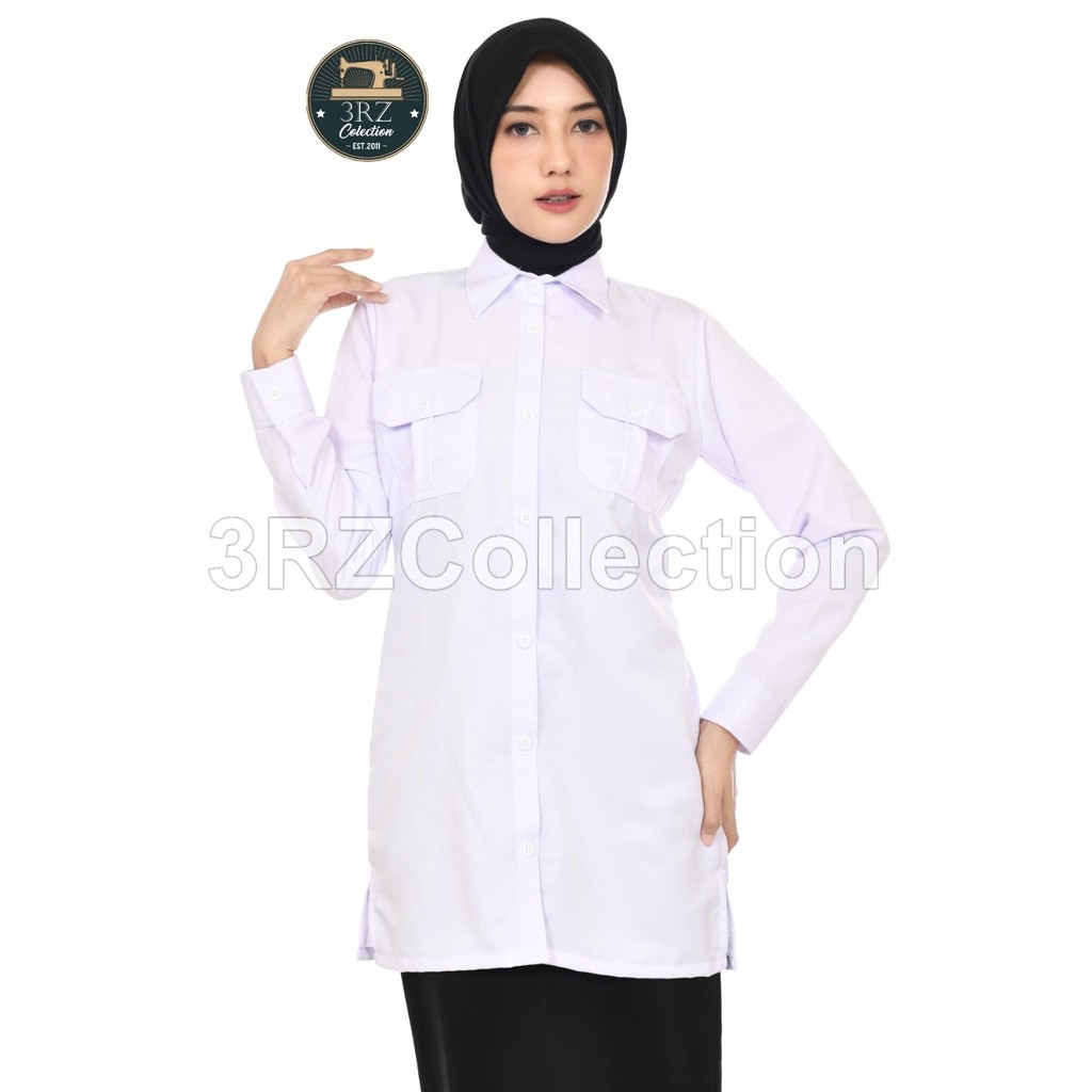 New KEMEJA TUNIK PUTIH WANITA SERAGAM PDH PUTIH PNS WANITA BAJU DINAS PUTIH ATASAN TUNIK PUTIH TUNIK