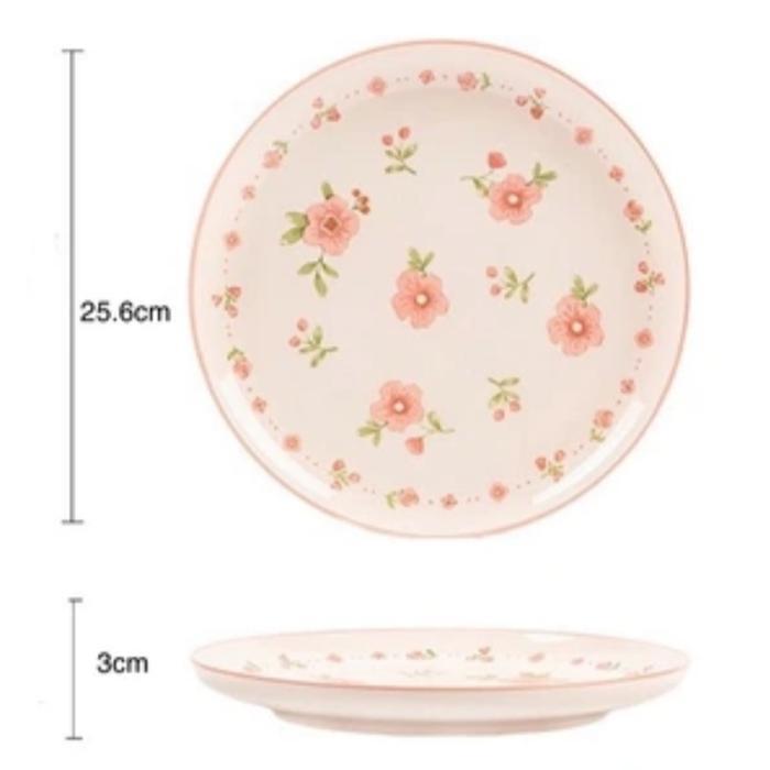 Piring Keramik BLOOM Piring Makan Keramik Mewah Motif Bunga warna pink merah muda Piring Mangkok dan
