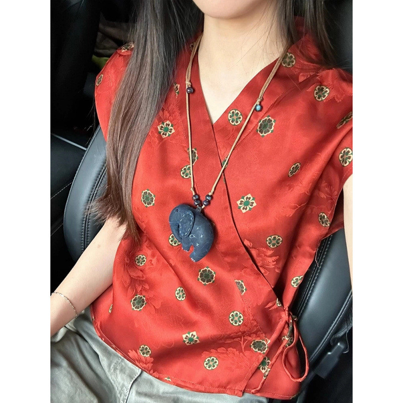 Kemeja Jacquard Wanita Gaya Nasional Indah Ikat Pinggang Atasan Hanfu