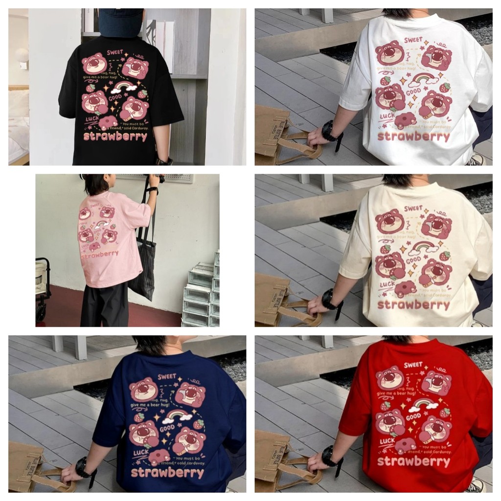 cewek 10 tahun import|Stroberi kartun lucu beruang pola merah multi-warna|2-12 Tahun|Kaos anak perem