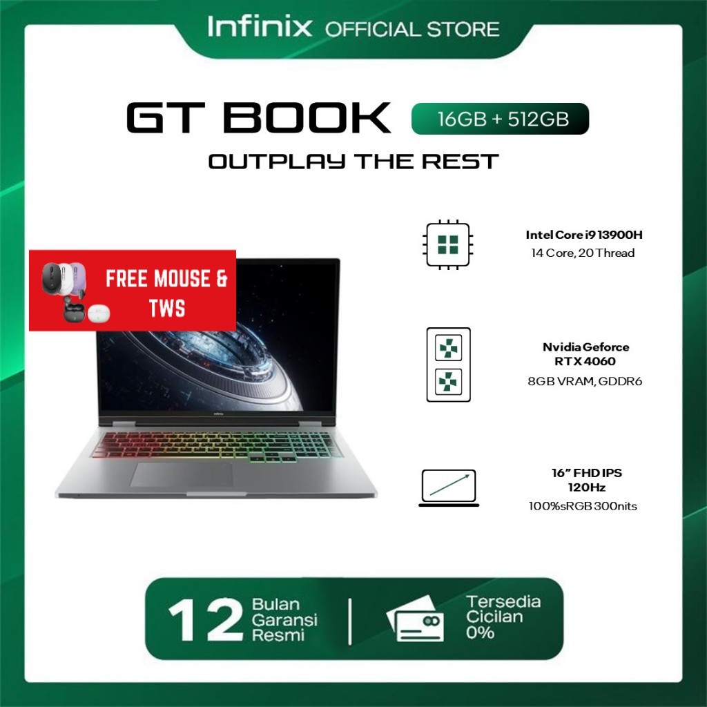 LAPTOP GAMING INFINIX GTBOOK I9 13900H RTX4060 16GB 512GB W11 16.0FHD 120HZ 100SRGB