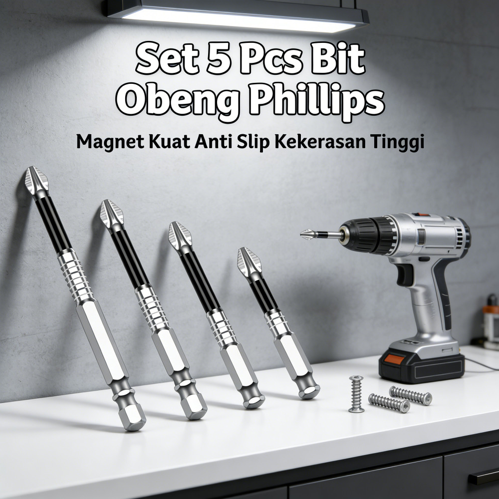 Magnet Kuat Baja Wolfram Obeng Listrik Bit Obeng Phillips Kekerasan Tinggi Anti Slip Set 5 Pcs