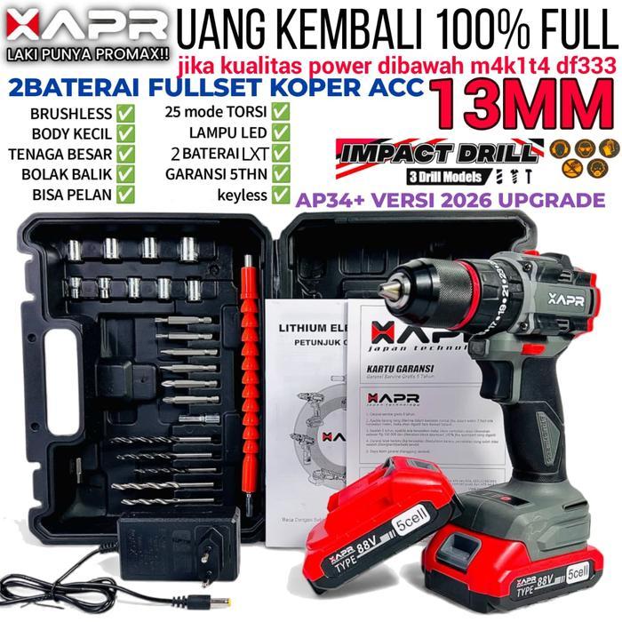 Bor Cordless APR AP34+ BRUSHLESS Impact Drill 13mm Keyless Mesin Bor 2Baterai Fullset - AP34+ BOR 13